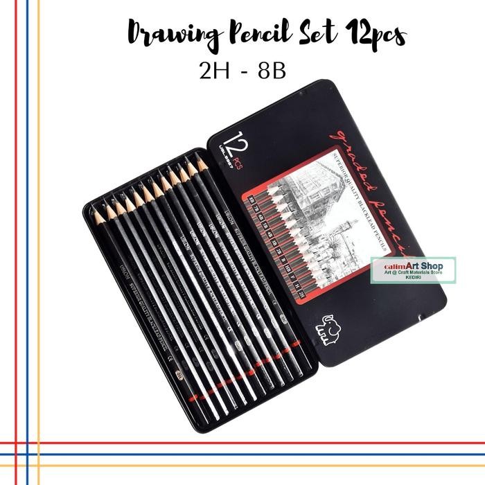 

OJ 12pcs Pensil Gambar Sketsa 2H, H, F, HB, B, 2B, 3B, 4B, 5B, 6B, 7B, 8B Pensil Set Gambar Metal