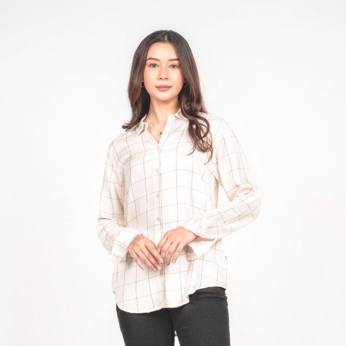 SIAPKIRIM C2 Kurgan Ecru Kemeja Casual Wanita Lengan Panjang Motif Kotak READY STOCK
