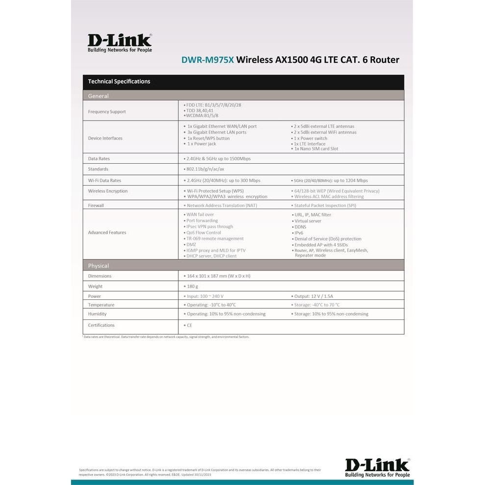 D-Link DWR-M975X Wireless AX1500 4G LTE CAT 6 Router