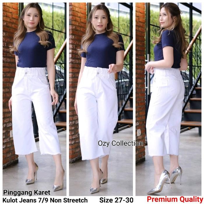 ypa5- Etna - Jeans Wanita Kulot Highwaist 7/9 Pinggang Karet Kaki Rawis Putih - Jeans Non