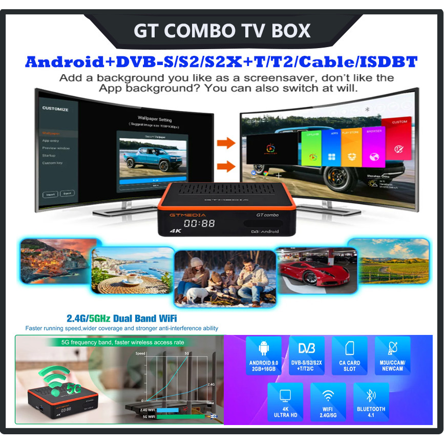 New Gtmedia Gt Combo 4K 8K Uhd Android 9.0 Super Satellite Tv Receiver Dvb-S/S2/S2X/Dvb-T/T2/Isdbt