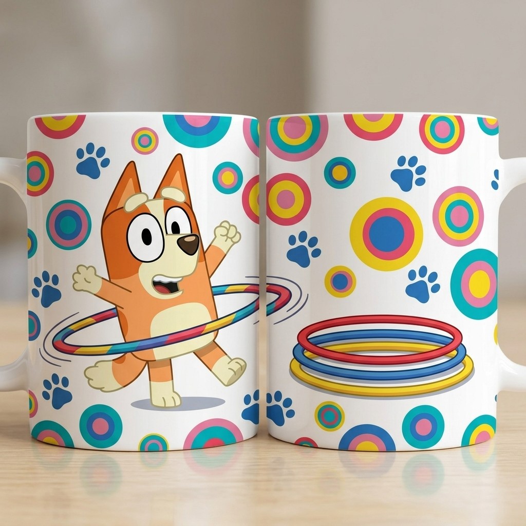 Mug Gelas Keramik Anak Bingo Bluey Main Hula Hoop - Cangkir Motif Polkadot Retro Lucu 11oz