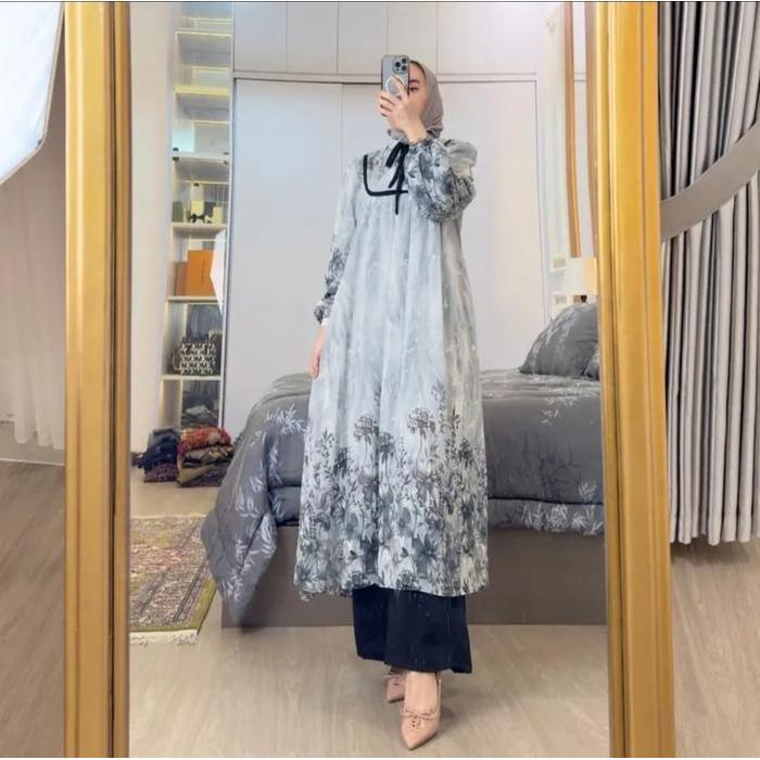 Dreana - Rania Set Tunik Ceruty Motif Bunga & Celana Kulot Crinkle Airflow Premium Jumbo Size Ld 120