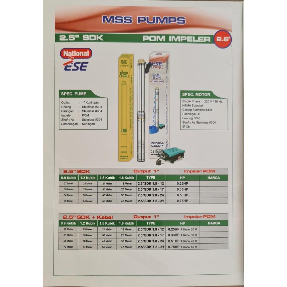 POMPA CELUP SUBMERSIBLE PUMP ESE NATIONAL 3" 1.5 HP