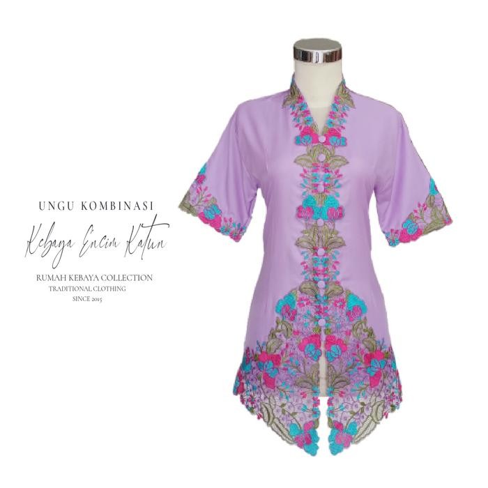 Kebaya Encim Kartini Katun Bordir Modern Ungu Kombinasi Lengan Pendek