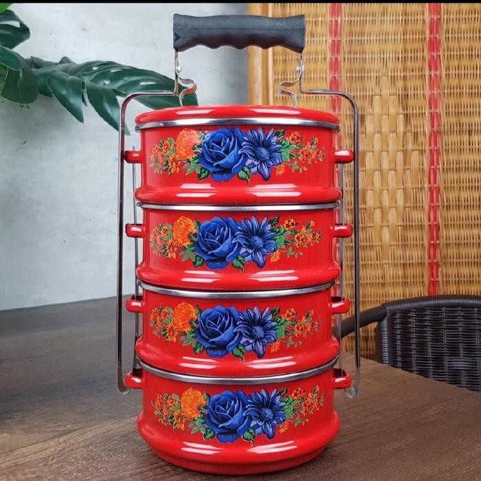 Rantang Maspion Panda 16Cm Susun 4 Motif Kembang - Warna Merah