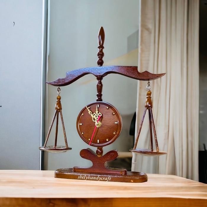 Jam Duduk / Jam Meja Kantor / Jam Meja Ruangan Minimalis Aestetik Asli Kayu Jati Model Timbangan