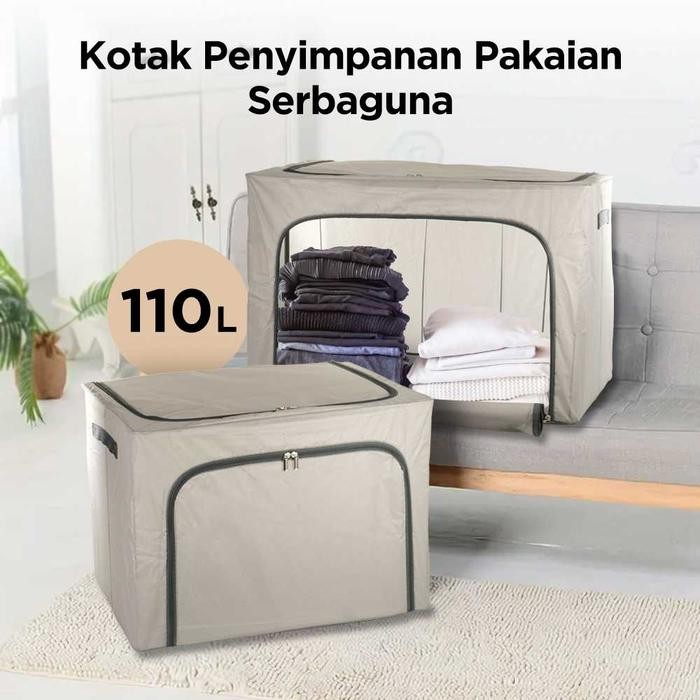 Box Storage Baju Lipat Rangka Besi Kotak Lemari Pakaian Portable 110 L