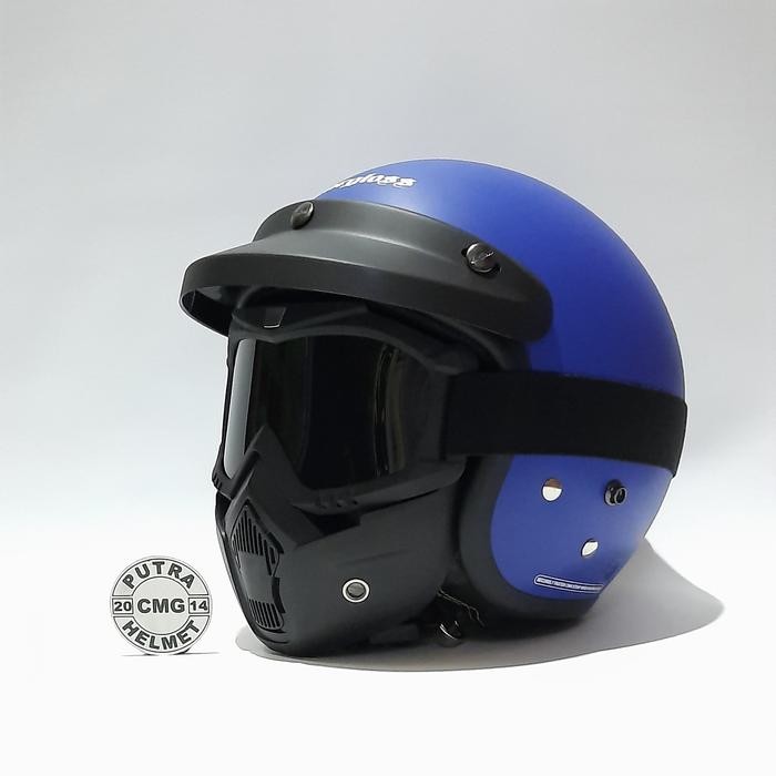 Paket Helm Cargloss Cfm Retro Google Mask Police Blue Doff Biru Dof
