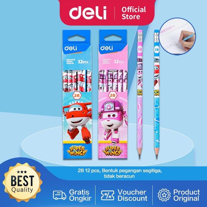 

OJ Deli Graphite Pensil 2B Karakter Super Wings dengan penghapus 12pcs/Box EU53500 Hitam Kayu