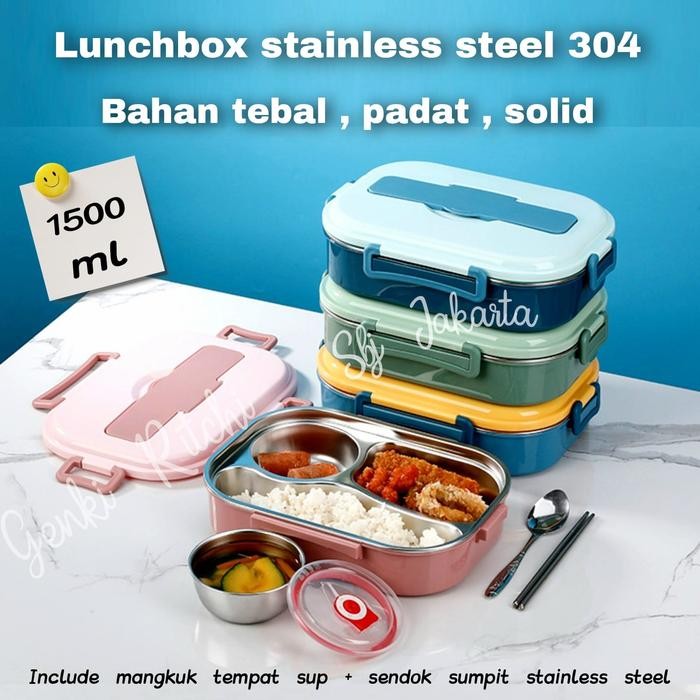 Kotak Makan Lunch Box Tempat Makan 304 Stainless Steel 1500Ml Premium