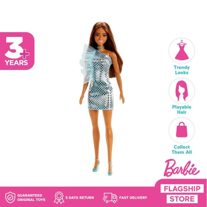 MJ Barbie Brunette in Blue Metallic Mini Dress - Mainan Boneka Anak Perempuan