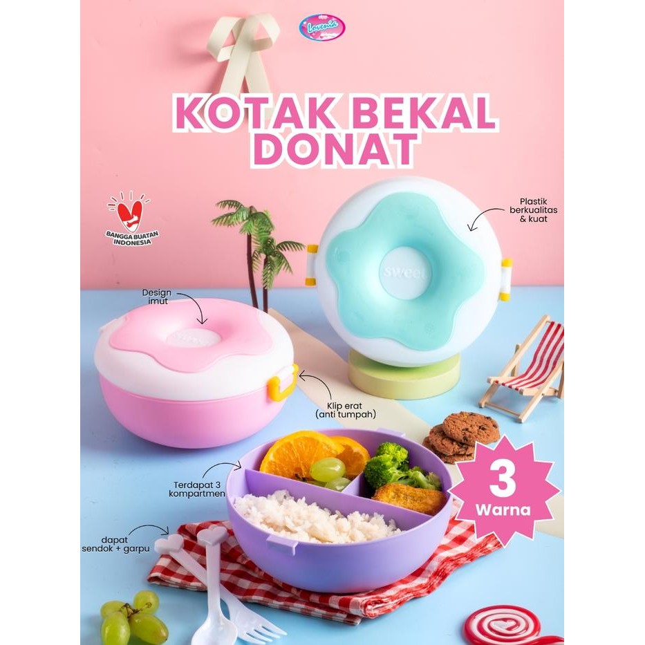 Terlaris FREE SENDOK GARPU - Lunch Box Donat Tempat Makan Lovenia - 3 Warna, Plastik Tebal, dengan