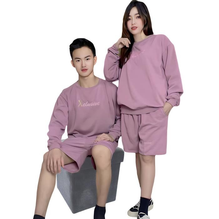 SETELAN FLEACE SWEATER COWOK CEWEK SWEATER LENGAN PANJANG BORDIR CELANA PENDEK NINA Atasan Baju