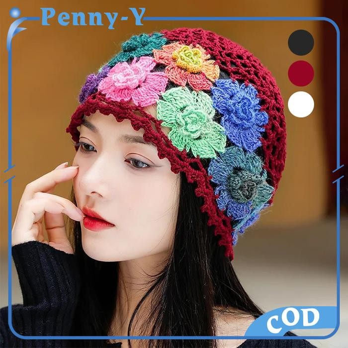 Promo Topi Rajut Wanita Korea Kupluk Rajut Wanita Topi Rajut Handmade Topi Rajutan Flower Woolen Hat
