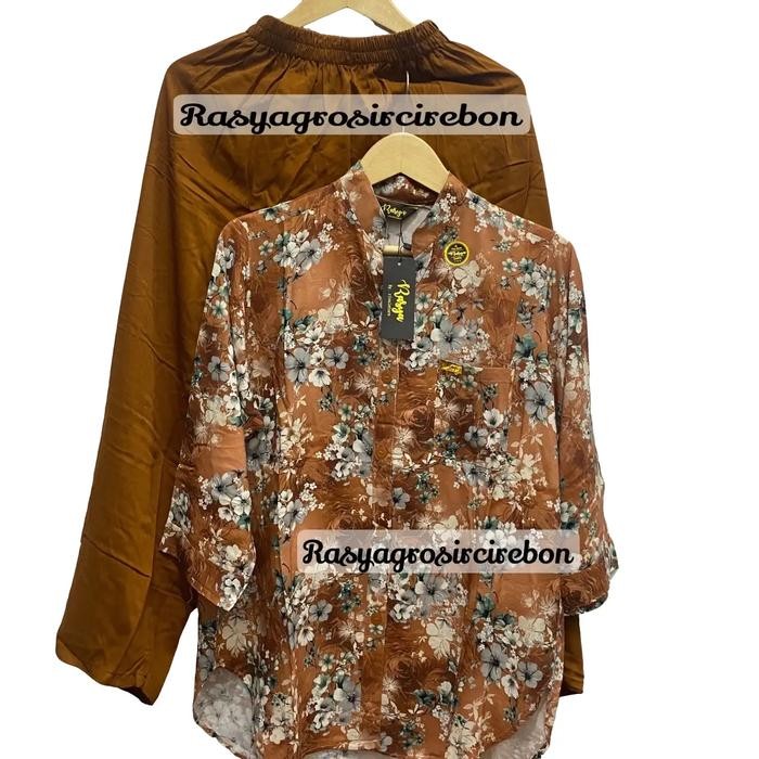 080j- Setelan Wanita Kombinasi Motif Bunga Oneset Rasya Twill Ld 120 Setcel Jumbo Terbaru