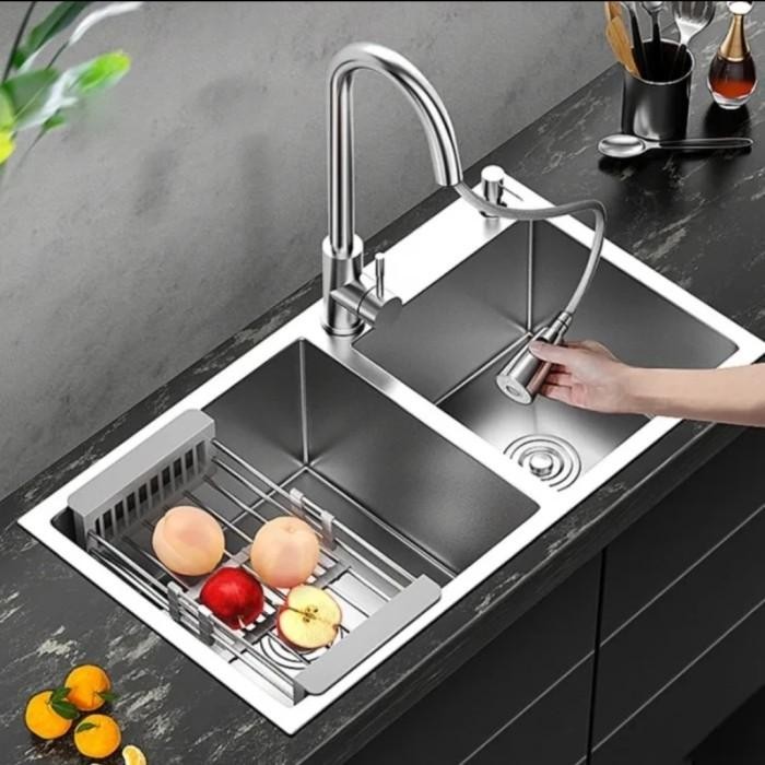 BAK CUCI PIRING 2 LOBANG STAINLESS + KRAN TARIK 8245