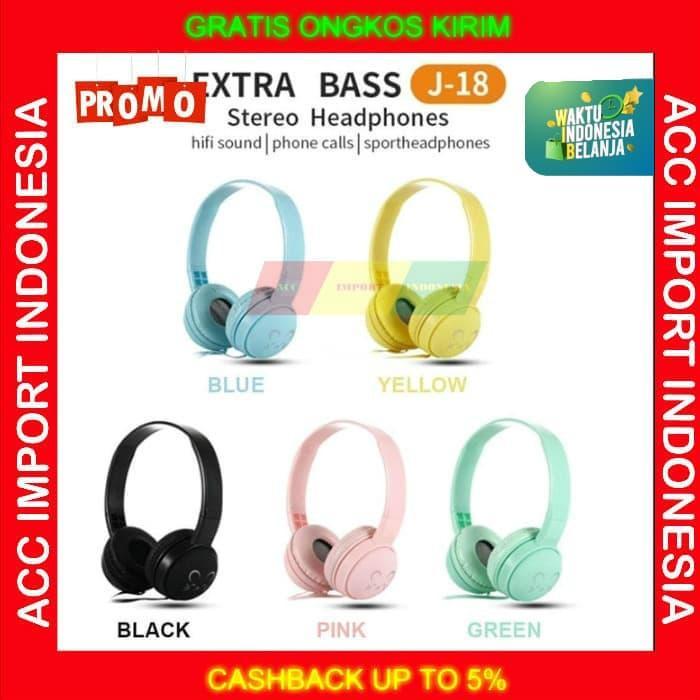 HEADSET HEADPHONE STEREO MACARON CARTOON ANAK PINK EXTRA BASS J-18