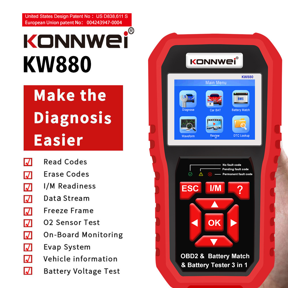 BARU KW880 KONNWEi 12V Car Battery Tester Analizer Auto Diagnostic Tool Battery Match 3 in 1 Car OBD