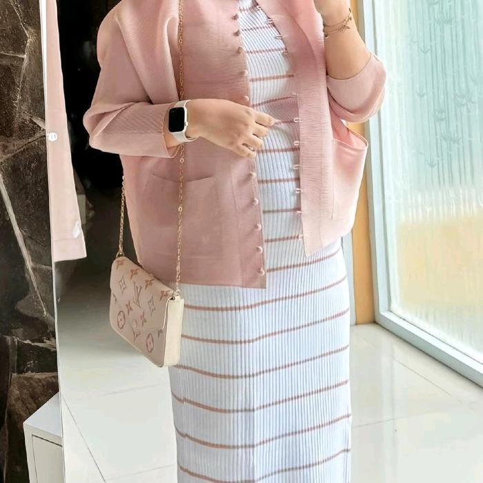 Long Dress Rajut Wanita Basic Inner Span Strip Tanpa Lengan - 2 Ukuran Casual Garis