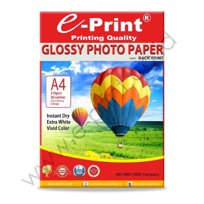 E-Print Kertas Foto Glossy A4 210 gsm 20 Lembar Instant Dry Extra White Vivid Color untuk Printing