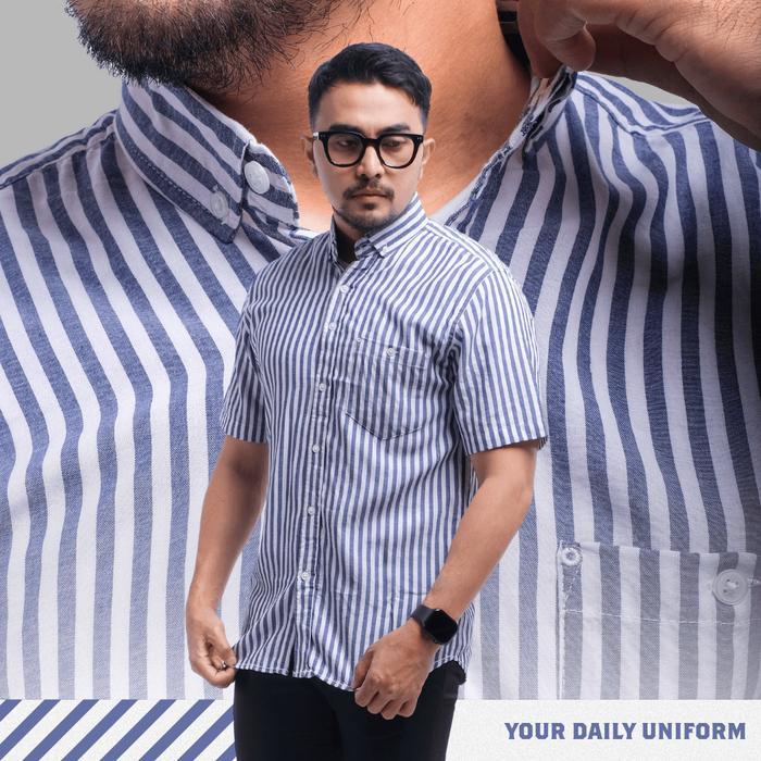 DGM Kemeja Pria Salur Pendek Kemeja Stripe Pria Kemeja Garis Pria Slimfit Garis Navy Dan Putih Garis