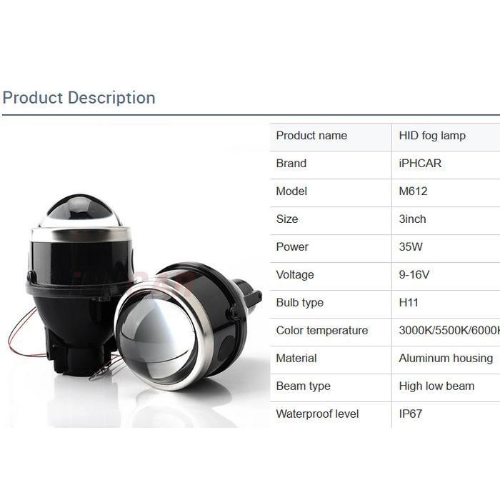 M612 IPHCAR BILED FOGLAMP PROJECTOR BLUE LENS 3 INCH 3" HID LED MOBIL