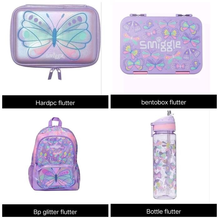 

SMIGGLE FLUTTER BUTTERFLY BACKPACK, BENTO BOX, PENCIL CASE, BOTOL/KADO