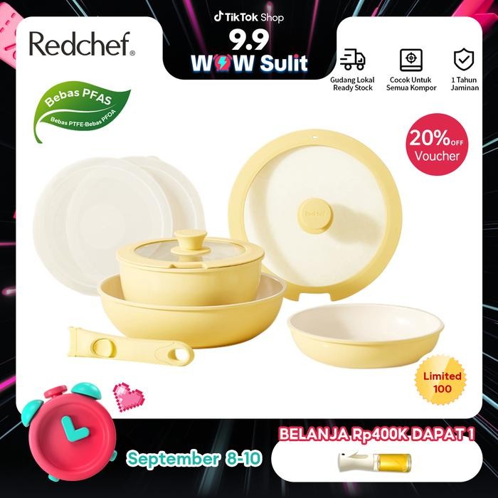 Redchef Set Peralatan Masak Batu Keramik Anti Lengket Pegangan Dapat Dilepas 8 Buah Panci Anti