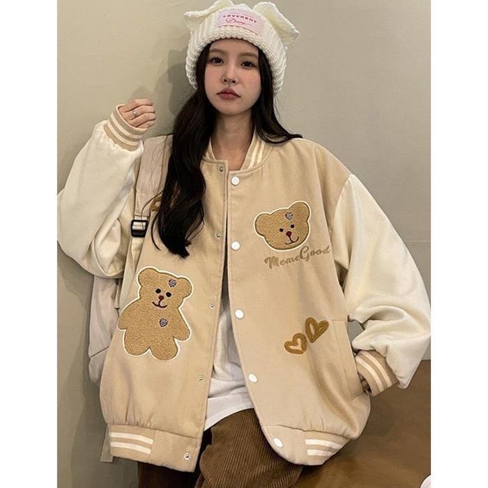 TERMURAH Ph Meme Good Bear Heart Varsity Jacket Sweater Wanita Mewah Oversize READY STOCK