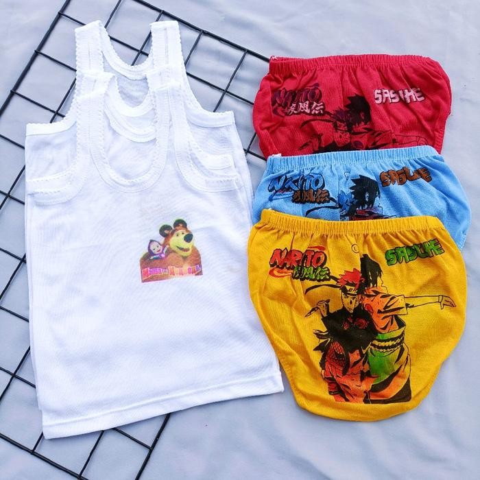Pilihan- 3 Stel/ 3 Pasang Cd Anak Anak Cowo +3 Singlet Anak Putih Karakter Fashion