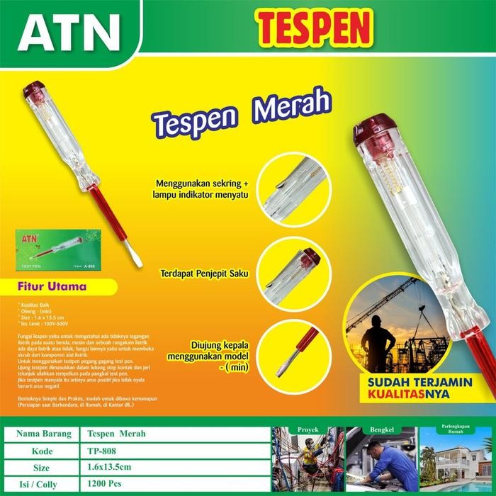 Tespen obeng merah/tespen listrik /test pen ATN 808 BAGUS