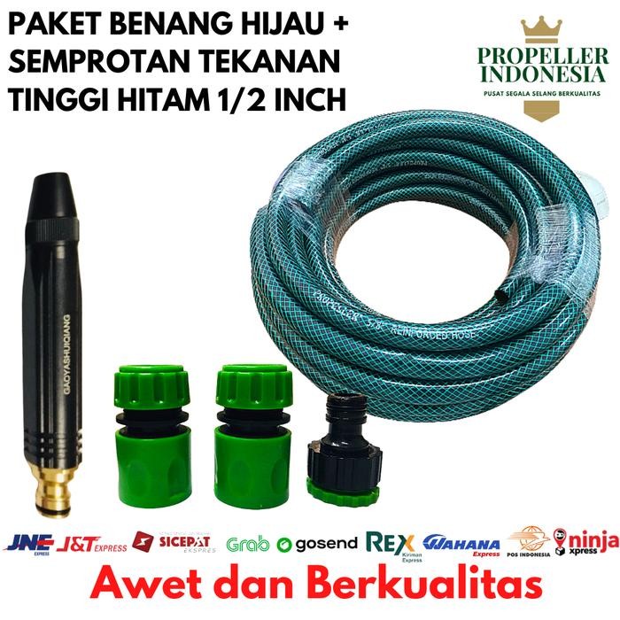 Selang Air 1/2 Inch Benang Hijau Paket Semprotan Air Cuci Motor Hitam