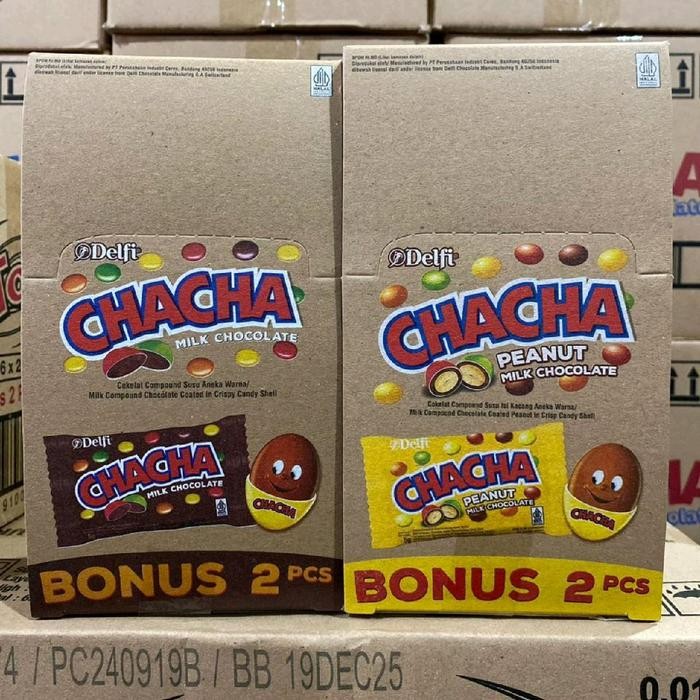 ORIGINAL! 1 BOX Delfi Chacha Coklat Susu dan Kacang 22pcs x 5gr - Mede, Peach, Almond, Snack,