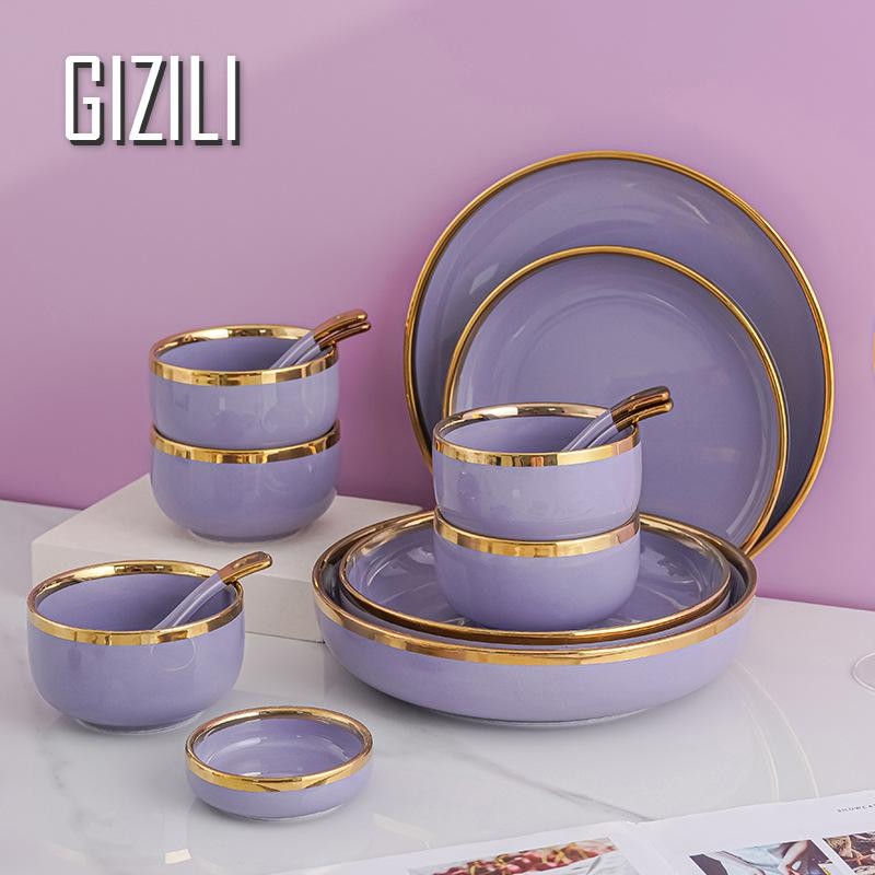 Purple Porcelain Plates Dinner Plates Dinnerware Set Luxury Food Dinner Dishes Salad Soup Bowl Ceram