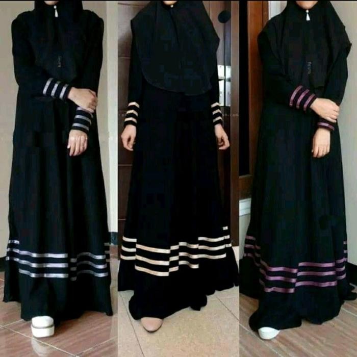 KirimCpT- Abaya Kombinasi Pita Warna Muslim Wanita Hitam Turki Arab Basic Polos Abaya Khimar