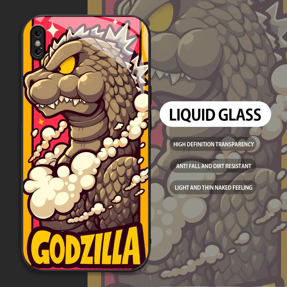 For Apple iPhone X XR XS MAX Casing Handphone  Pola Monster Godzilla Glass kesing Phone Case edge Si