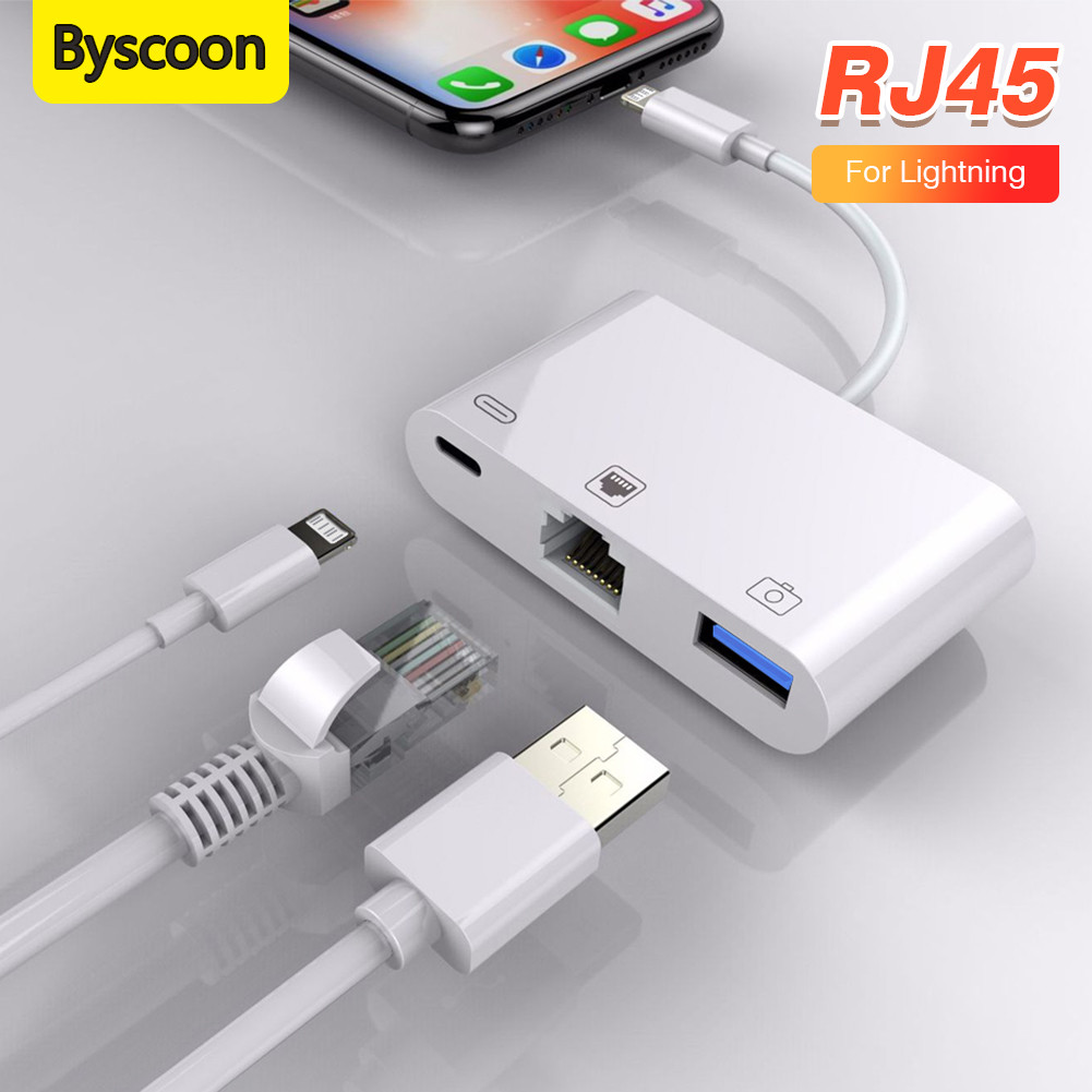 Byscoon Lightning To Network Card Rj45 Lightning 3 In 1 Adapter For Iphone 14 13/12/11 Pro Max To
