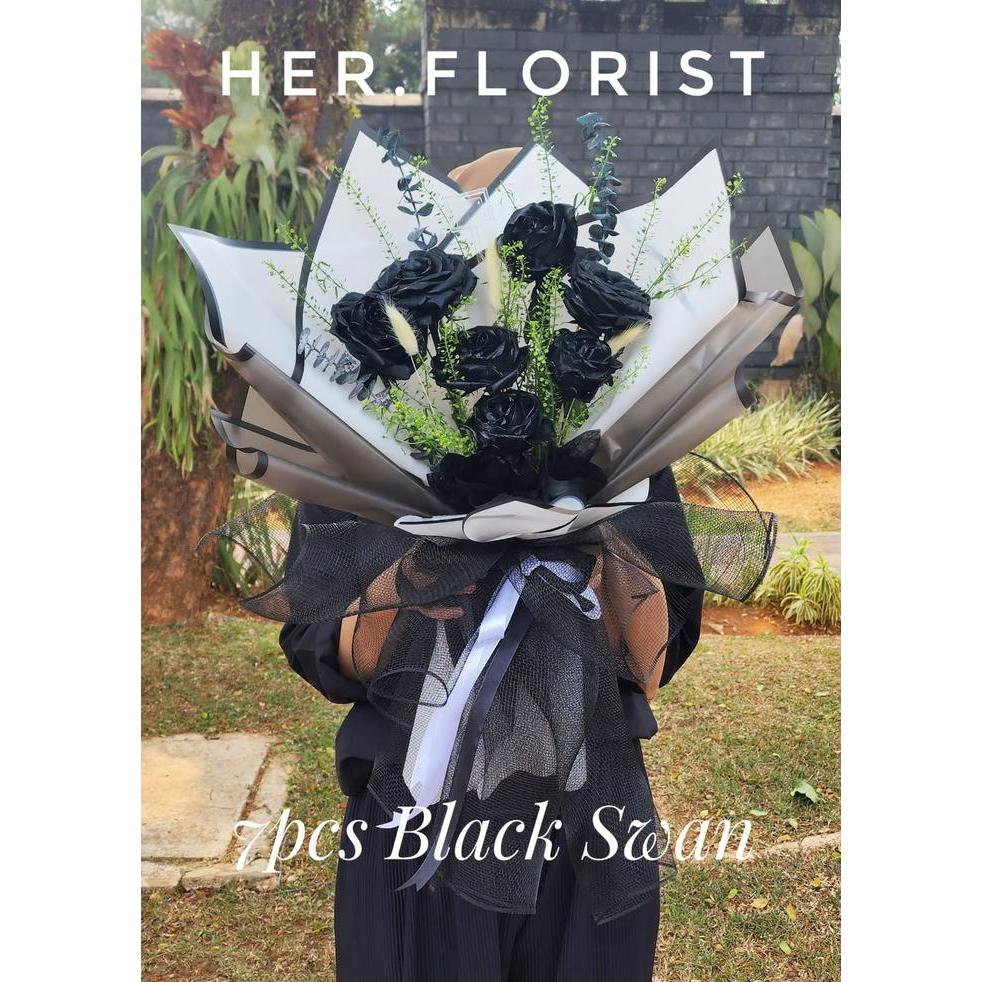 HER.FLORIST Fresh Flower SEVEN ROSES Bouquet / BUKET 7PCS BUNGA MAWAR - black swan
