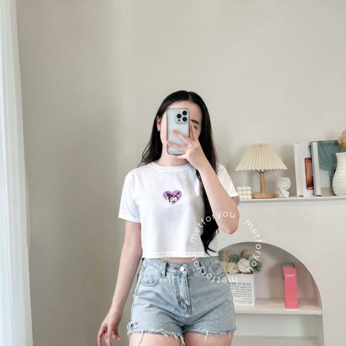 METFORYOU Kaos Crop Top Wanita - Kuromi Love Crop Tee