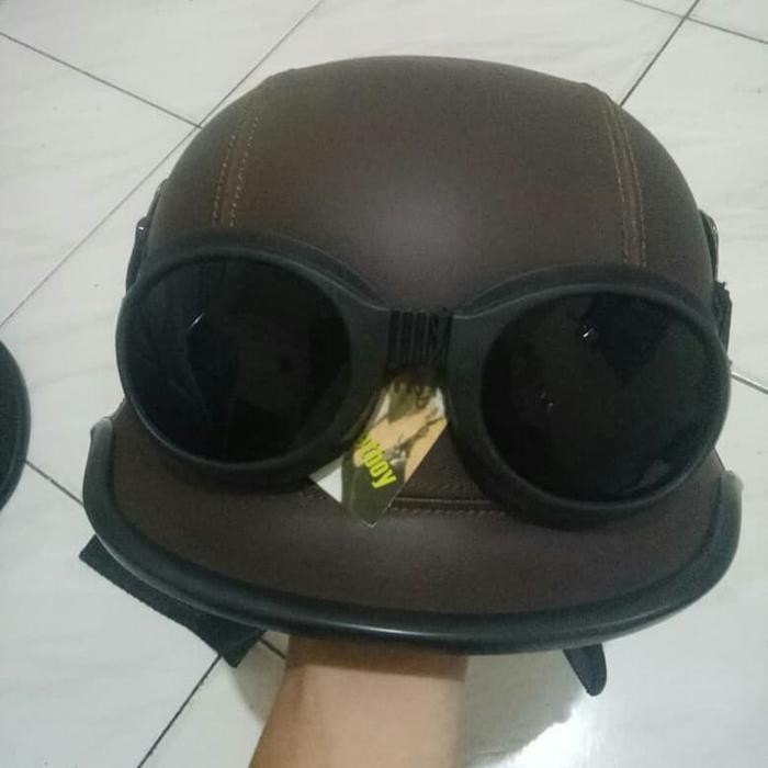 Helm Retro Kulit Nazi Kacamata Klasik Coklat