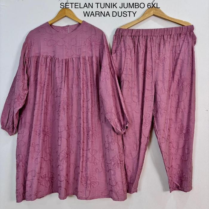 Setelan Tunik Super Jumbo Ld 150 Cm Bahan Polo Linen Bordir Koleksi Terbaru Fit To 6Xl Celana Melar
