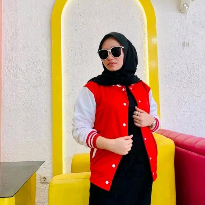 DISKON Jaket Baseball Varsity warna Merah putih/Jaket Polos Lengan Panjang pria dan Wanita READY