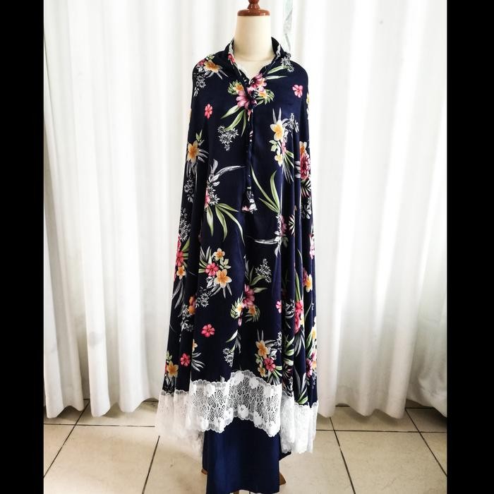 Mukena bahan maxmara motif kembang warna model 2 in 1 - biru tua
