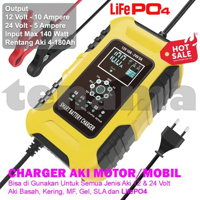 Foxsur Charger Aki 12V-10A 24V-5A 180AH Smart Automatic LCD Display LiFePO4