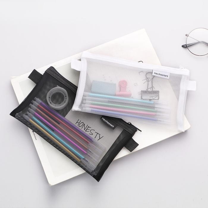 

New Tempat pensil jaring transparan kapasitas besar korea pouch Kotak pensil mesh Tas penyimpanan