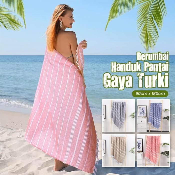 RJ H203-1A Handuk Pantai Style Rumbai Turki - Handuk Pantai Ukuran Besar 90x180cm - Handuk Pantai