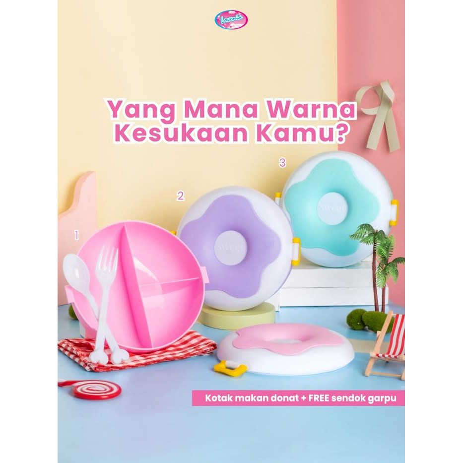 FREE SENDOK GARPU - Lunch Box Donat Tempat Makan Lovenia - 3 Warna, Plastik Tebal, dengan Sendok dan