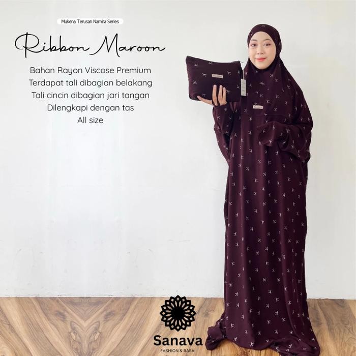 Mukena Terusan Dewasa Namira Series Ribbon Maroon Mukena Putih Elegan Bahan Rayon Viscose Premium,