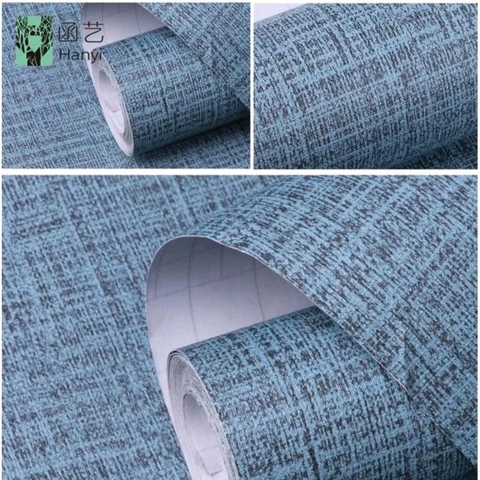 Wallpaper Sticker Dinding Polos Biru Bertekstur Serat Kain Dekorasi Dinding Ruang Tamu Kamar Tidur
